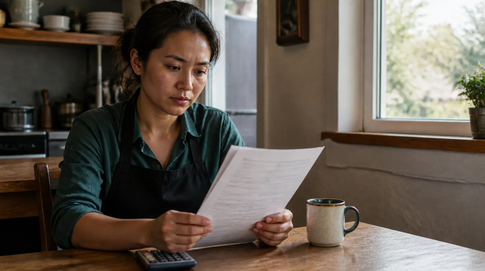 Small business owner in an apron sitting at a kitchen table, reading a printed phone bill next to a mug and a pocket calculator