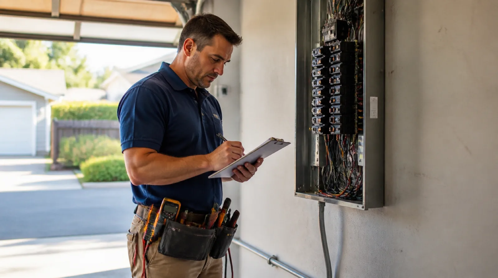 Electrician standing at an open breaker panel, writing a price on a clipboard