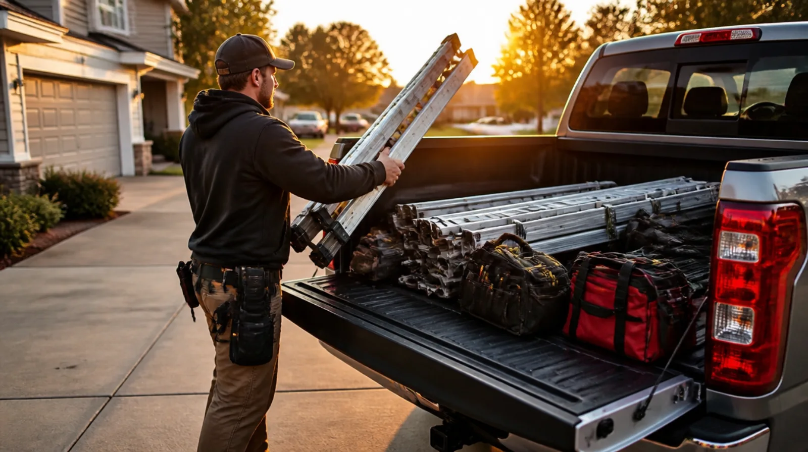 Roofer loading extension ladders and tool bags into a pickup truck in a driveway at sunrise, heading out to the first job of a new company