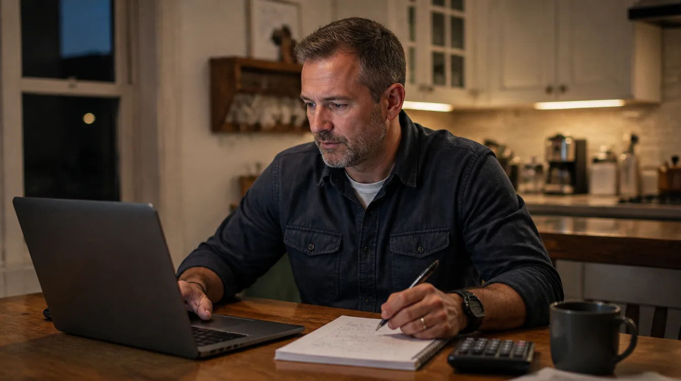 HVAC business owner at a kitchen table with a laptop and a notepad, working out startup numbers for a business plan