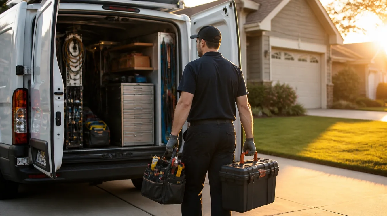 HVAC technician loading tools and equipment into the back of a service van in a driveway at sunrise