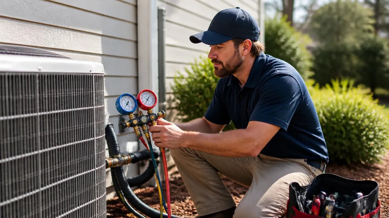 HVAC technician kneeling beside an outdoor air conditioning condenser unit, checking it with a gauge on a service call