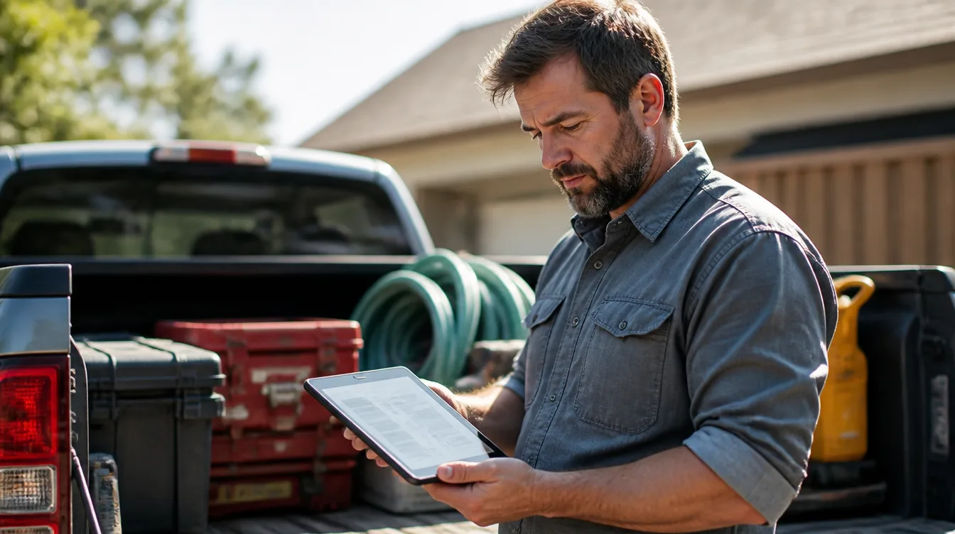 Contractor standing at his truck's open tailgate, comparing software options on a tablet