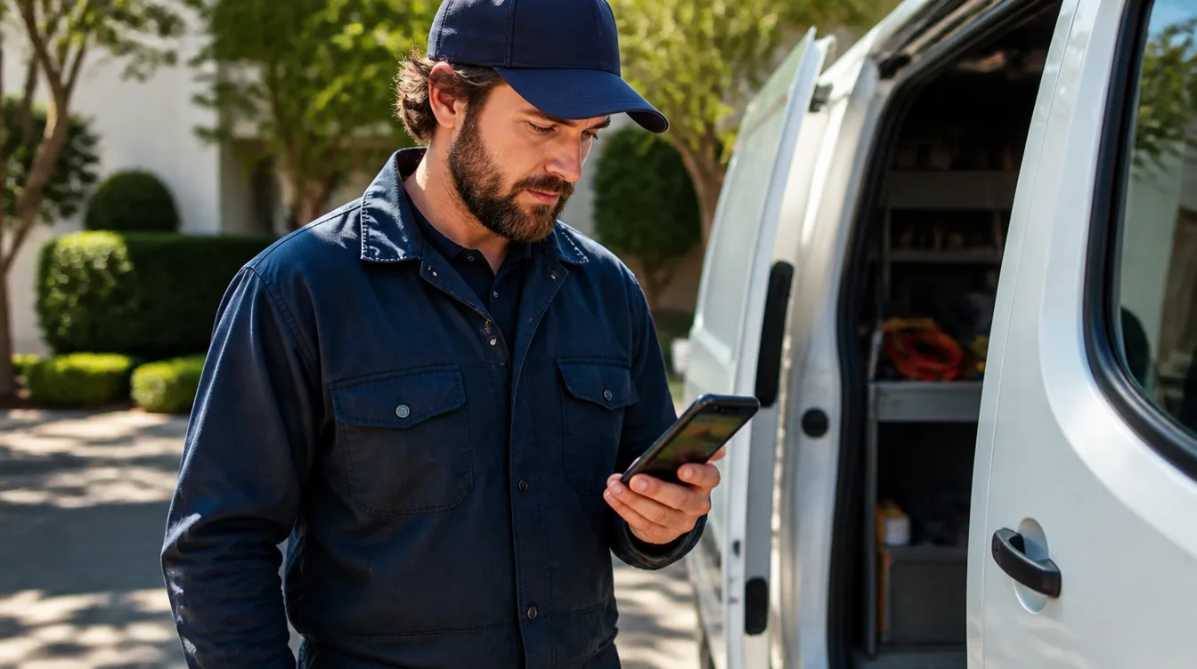 Field technician checking job details on his phone beside his service van