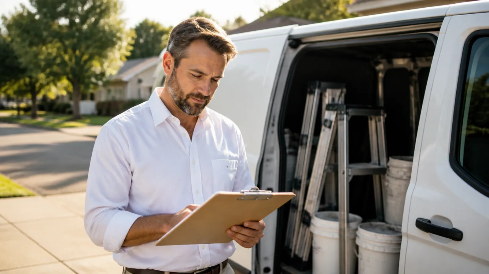 Painting company owner in a driveway reviewing job paperwork on a clipboard beside an open work van