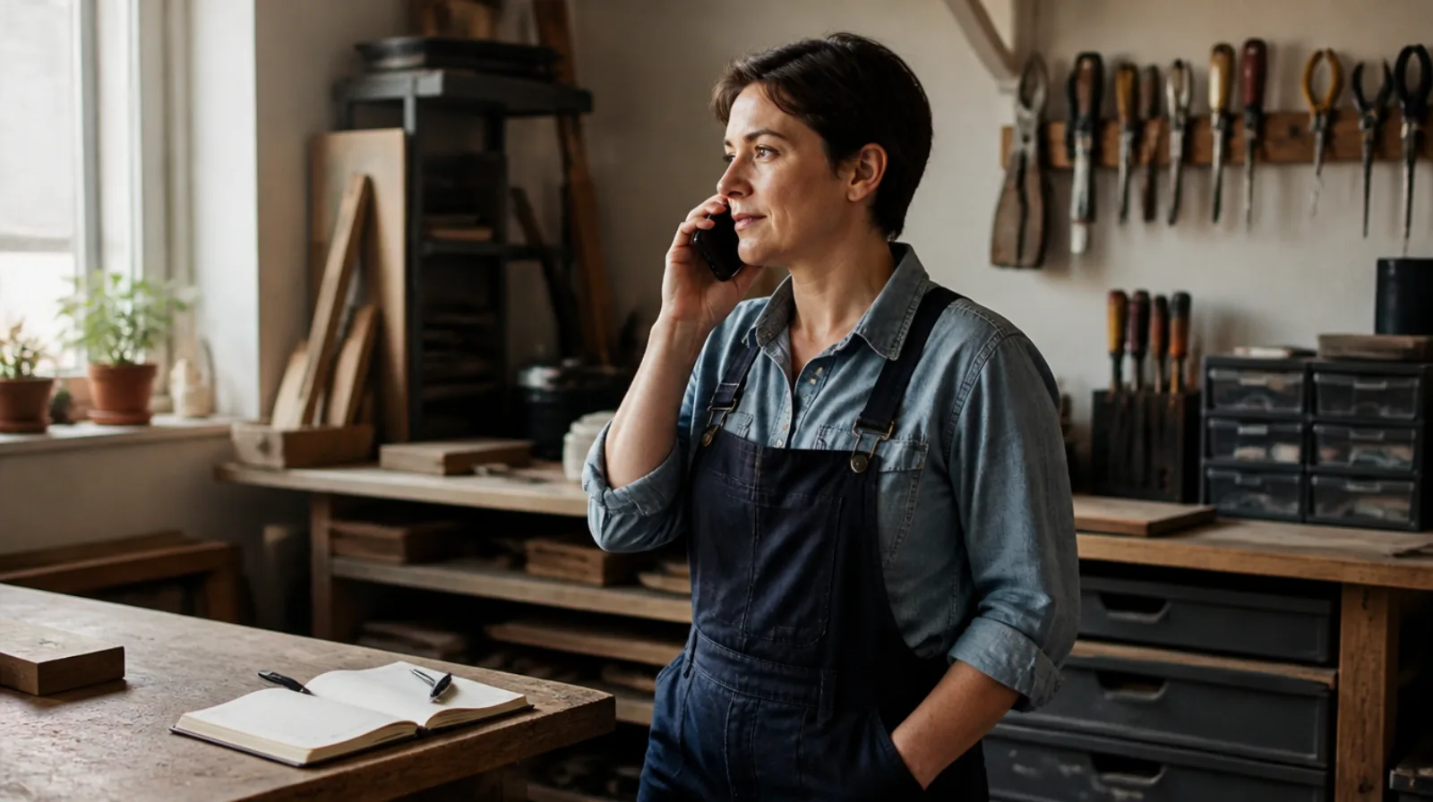 Small business owner standing in a workshop taking a call on a mobile phone with a notebook open on the bench