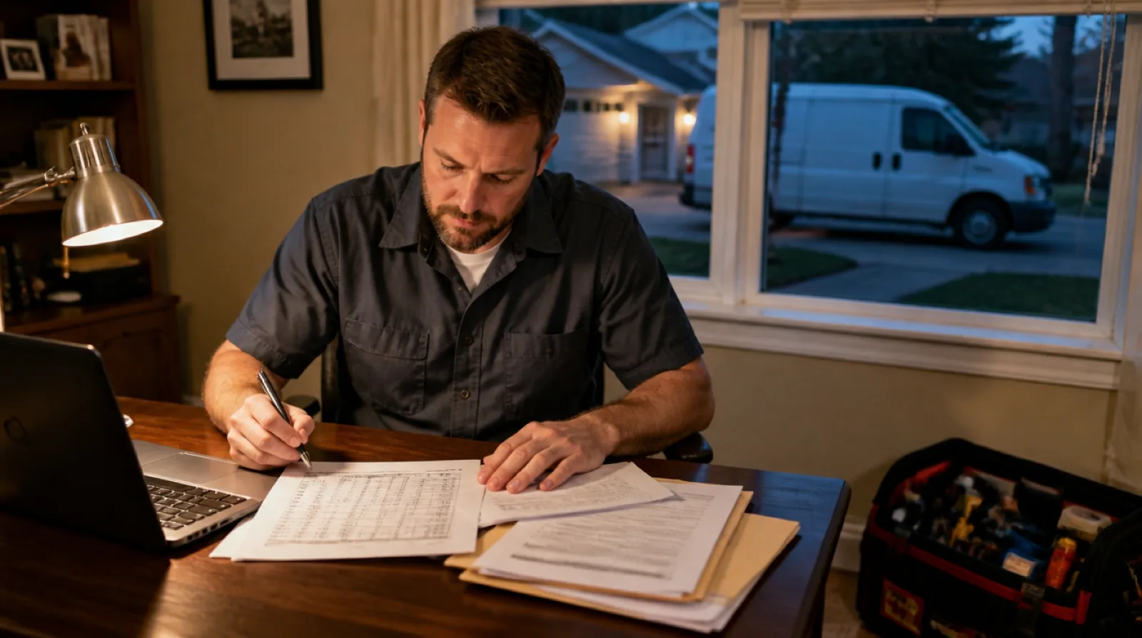 Electrician sitting at a home desk with a calculator and papers, working through the numbers for his electrical business plan