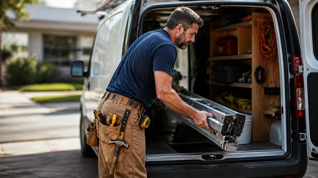 Handyman loading tools and a ladder into his work van before heading to the next job