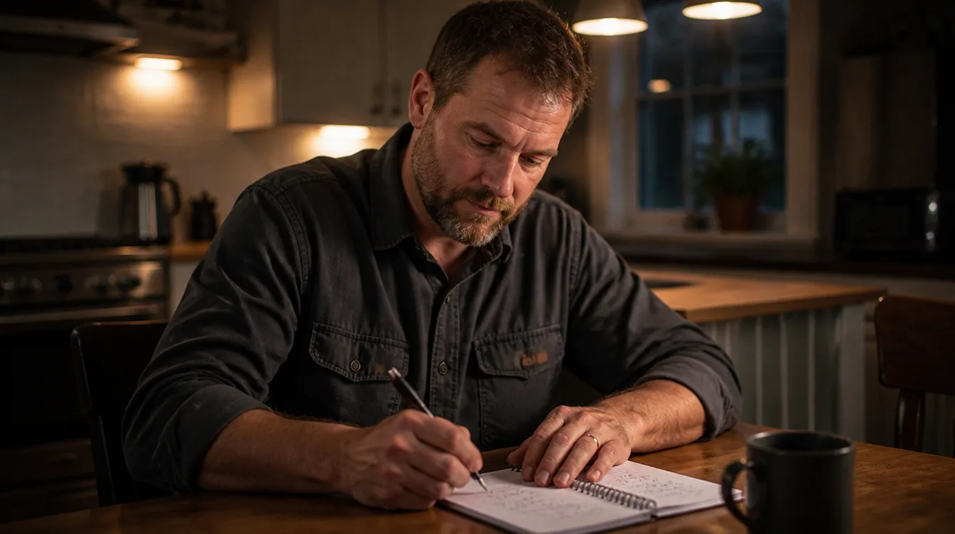 Handyman sitting at a kitchen table with a notebook, working out the numbers for his business plan