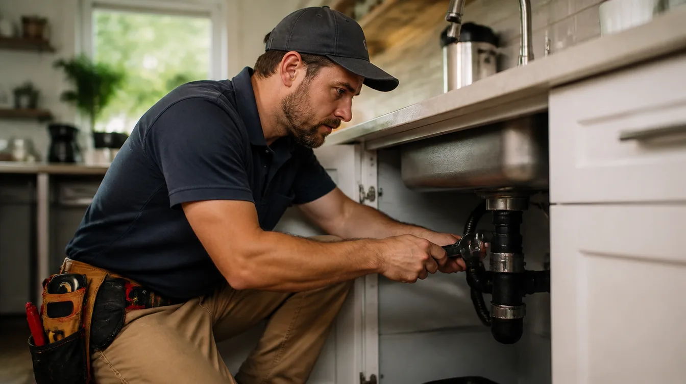 Handyman kneeling under a kitchen sink fixing a leaky faucet at a customer's home