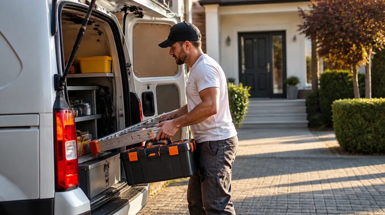 Handyman loading tools and a ladder into a work van in the early morning before his first job