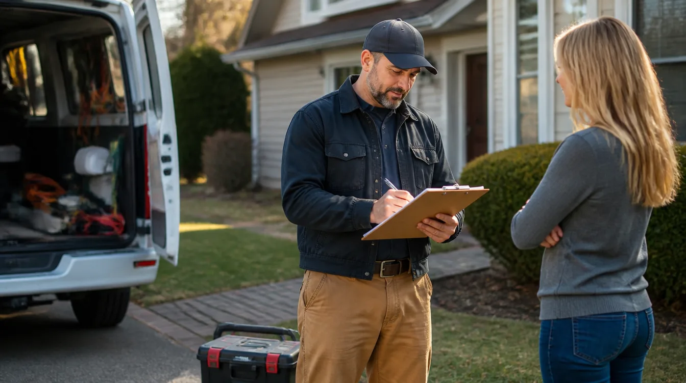 Handyman writing a price estimate on a clipboard at a customer's home