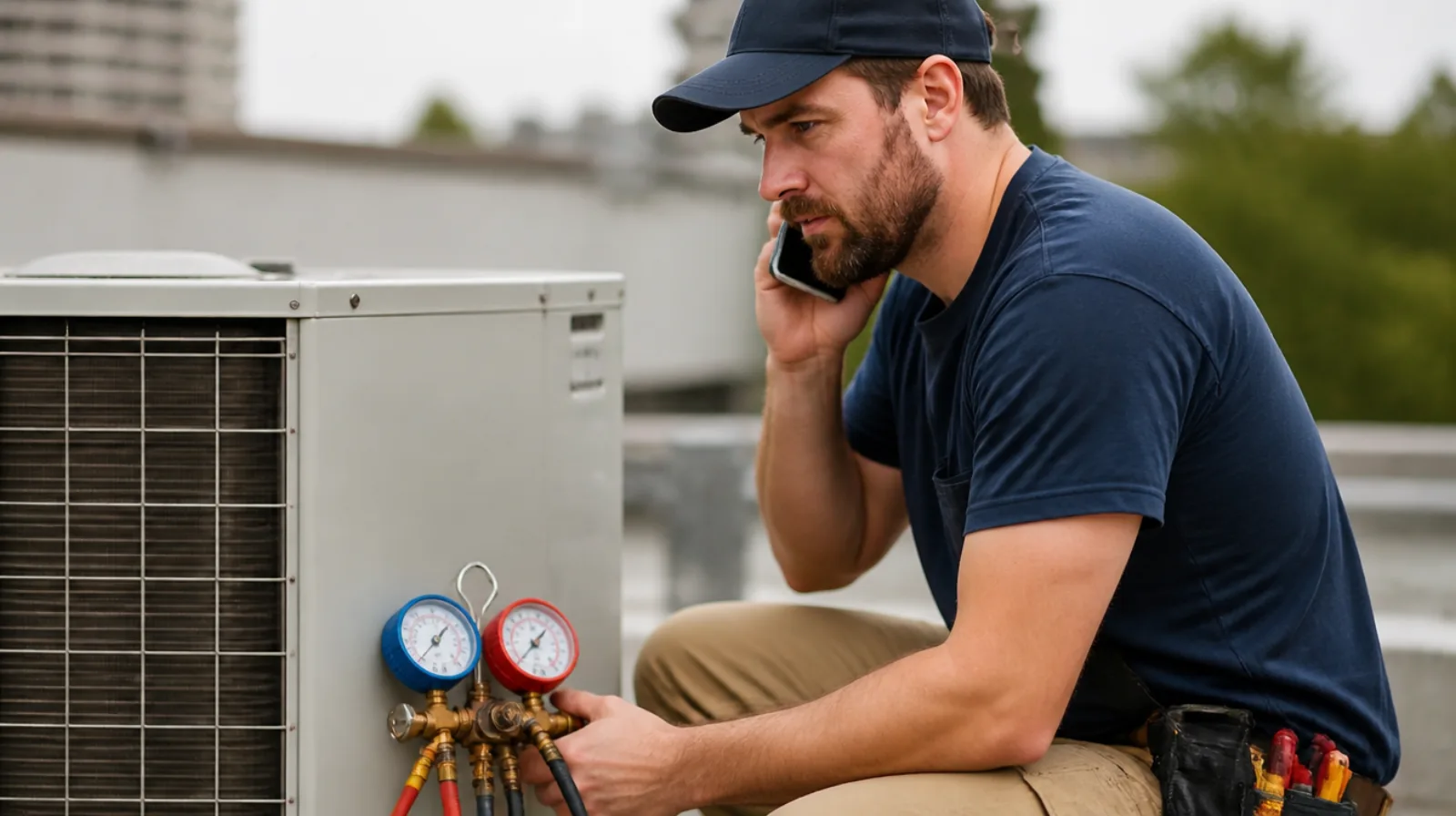 HVAC technician taking a phone call while working on a rooftop air conditioning unit