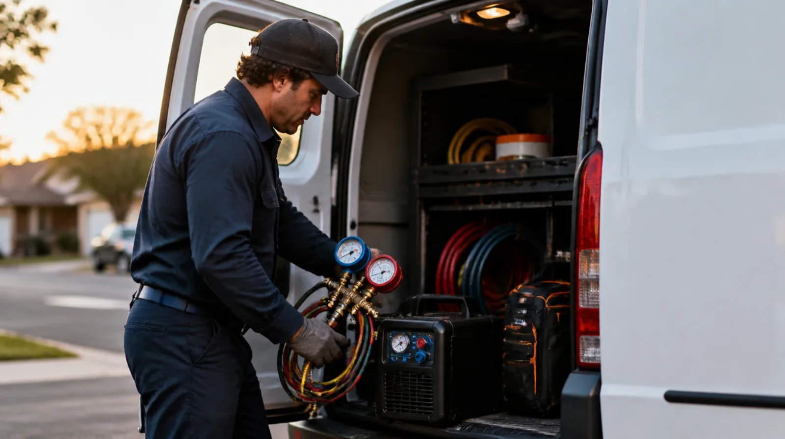 HVAC technician loading gauges and a recovery machine into a work van before the first job of the day