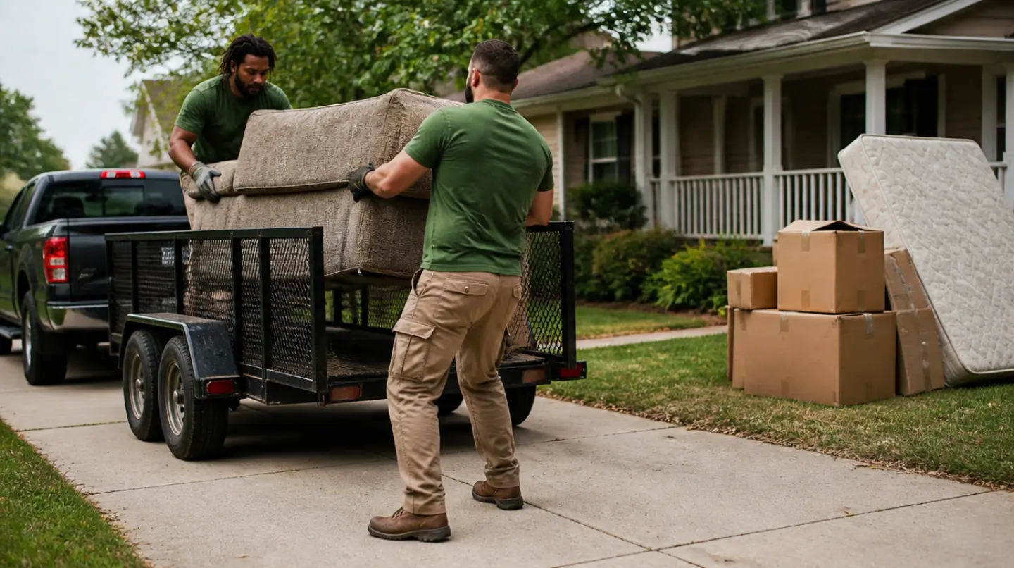 Two workers in gloves lifting an old couch into a utility trailer hitched to a pickup truck, with boxes and a mattress waiting on the lawn