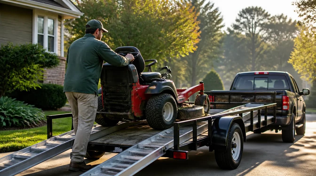 Landscaper loading a push mower onto an open trailer behind a truck, getting ready to head out for the day