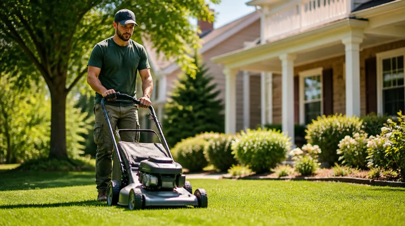 New landscaper mowing a small residential front lawn with a push mower on a sunny day