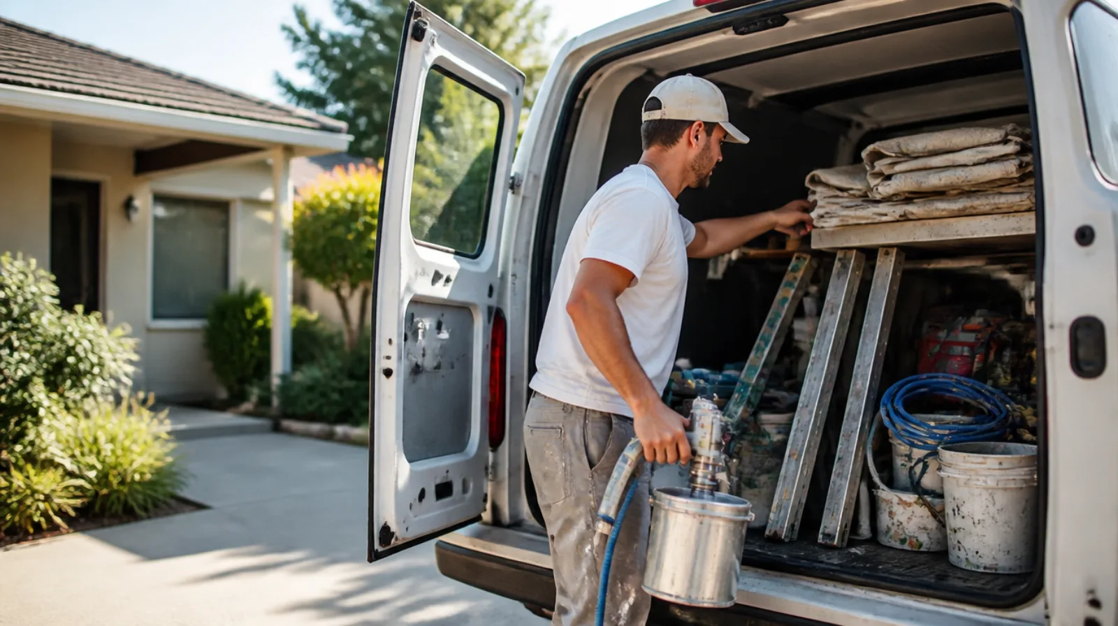 Painter loading a paint sprayer, ladders and folded drop cloths into a work van in a driveway on a bright morning