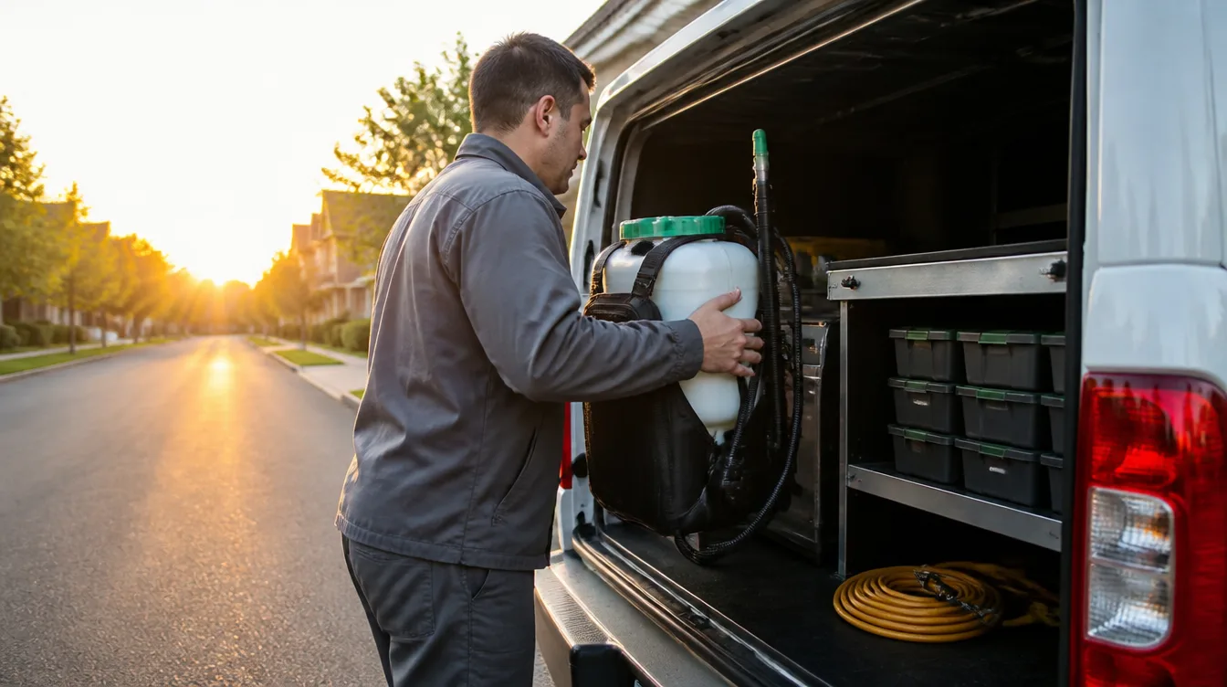 Pest control technician in a grey uniform lifting a backpack sprayer into the open back of a service van at sunrise