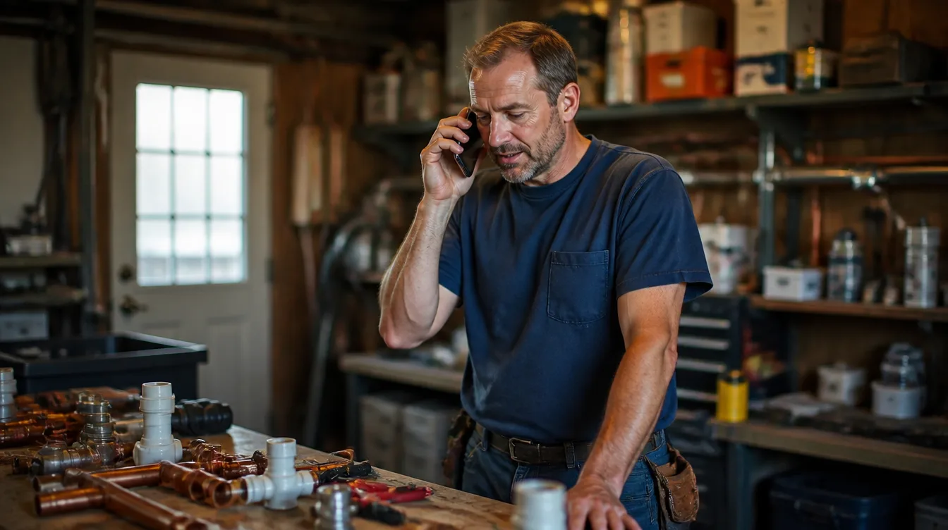 Plumber answering a customer call while working in his garage shop