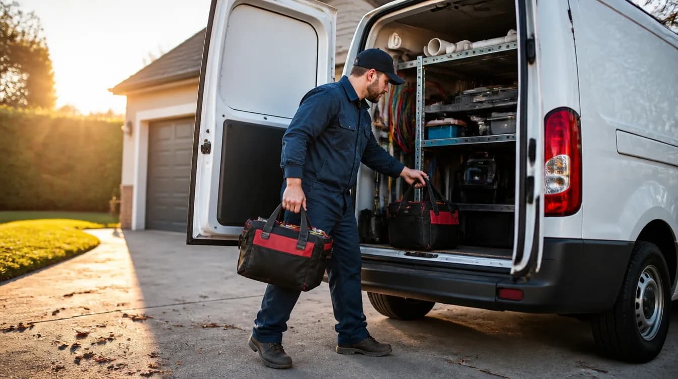 Plumber loading tools into his work van before the first job of the day