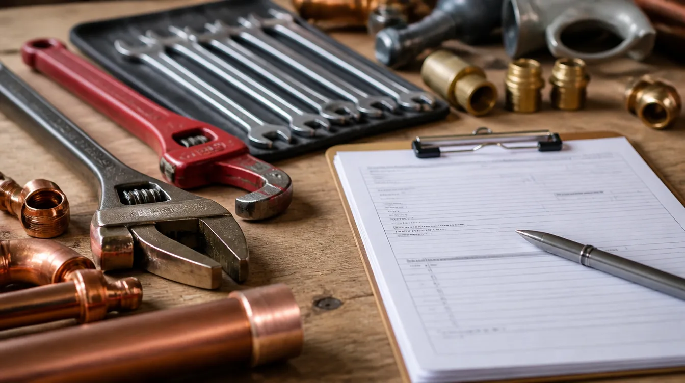 Plumbing tools and license paperwork laid out on a workbench