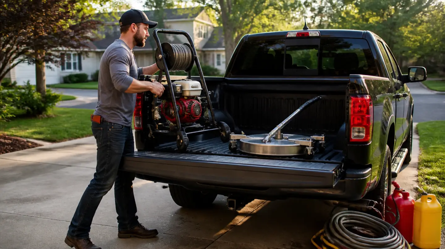 Man loading a gas pressure washer and a round surface cleaner into the bed of a pickup truck in a driveway, with hose and gas cans beside the truck