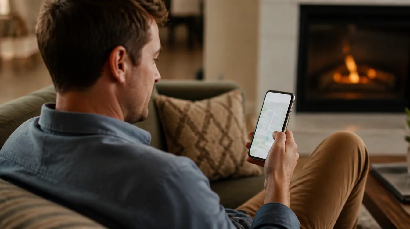 Homeowner sitting on a couch, searching a map app on a phone for AC repair near me