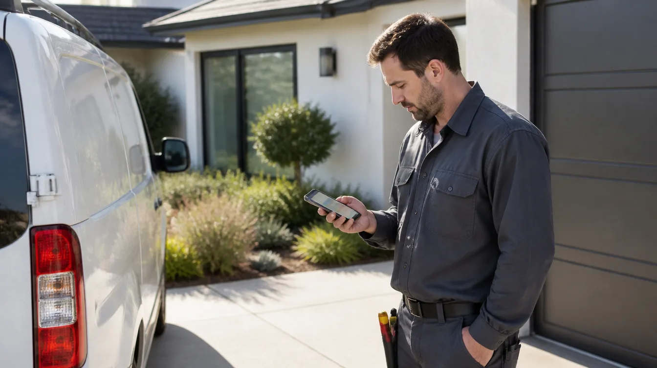 HVAC technician standing next to his service van, checking a call on his phone before heading to the next job