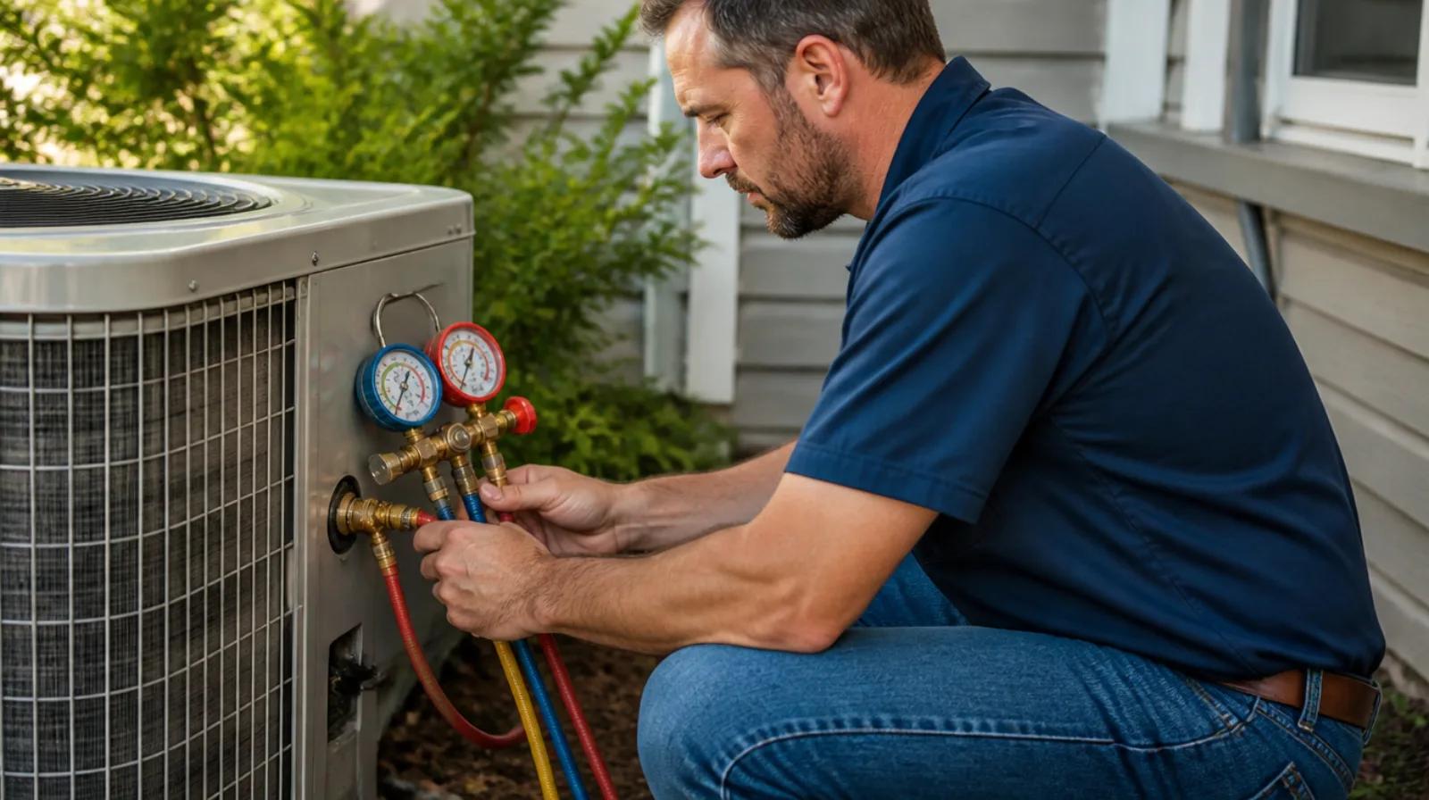 HVAC technician checking pressures on an outdoor condenser unit with gauges on a summer afternoon