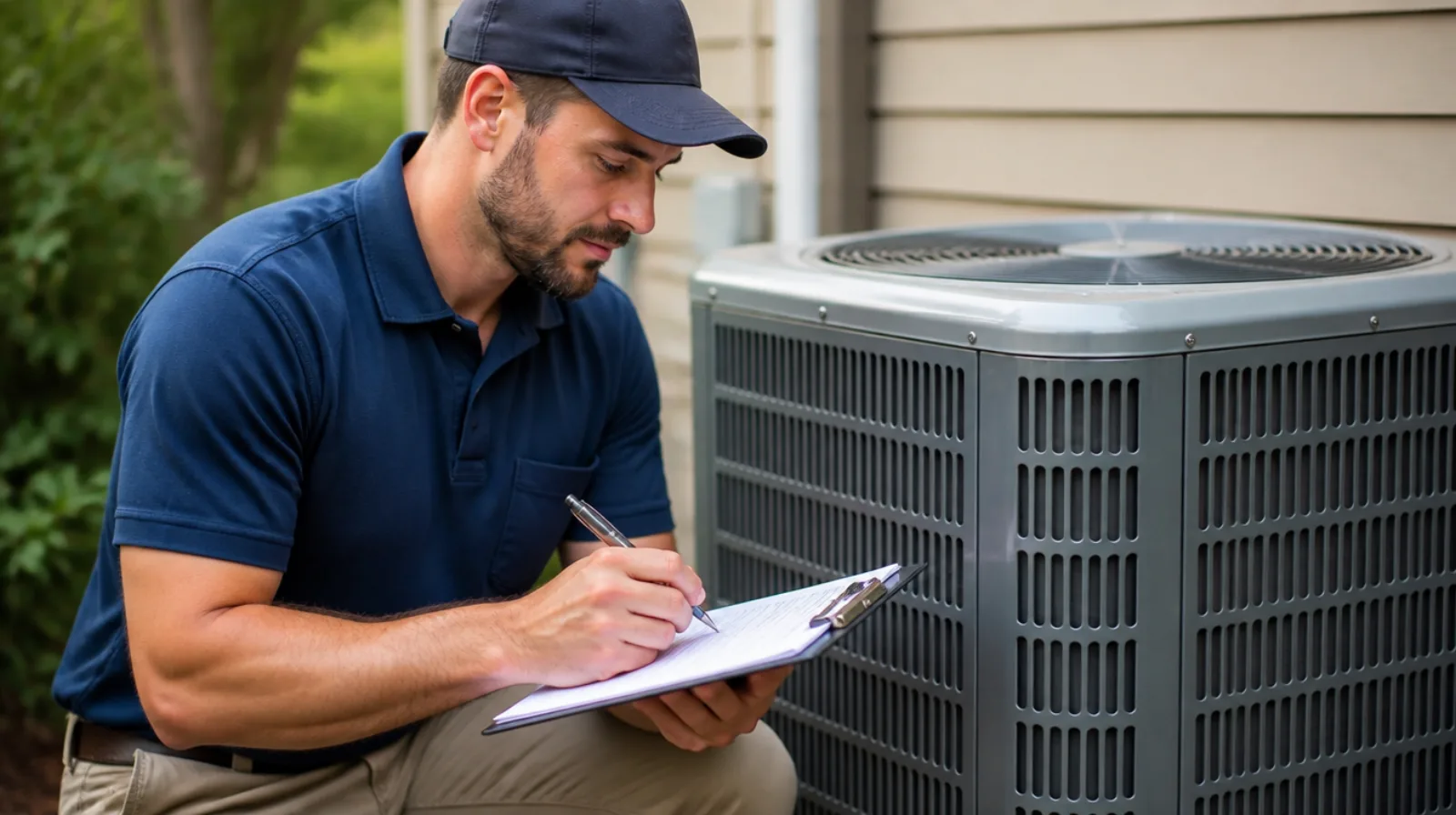 HVAC technician writing a price quote on a clipboard next to an outdoor condenser unit