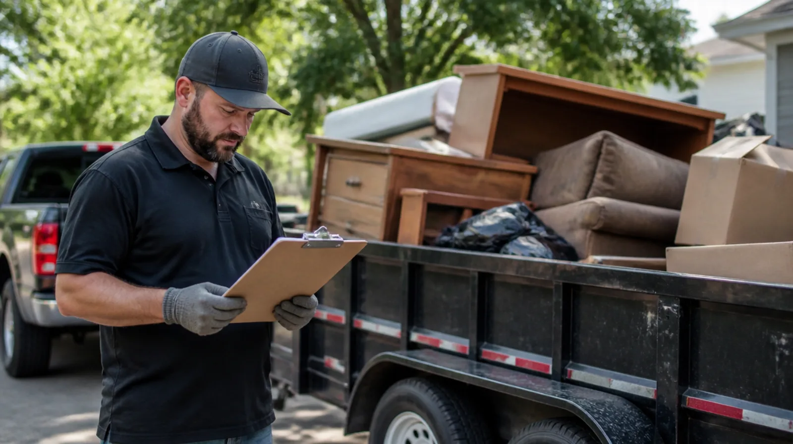 Junk removal business owner in work gloves checking figures on a clipboard beside a dump trailer loaded with old furniture and boxes