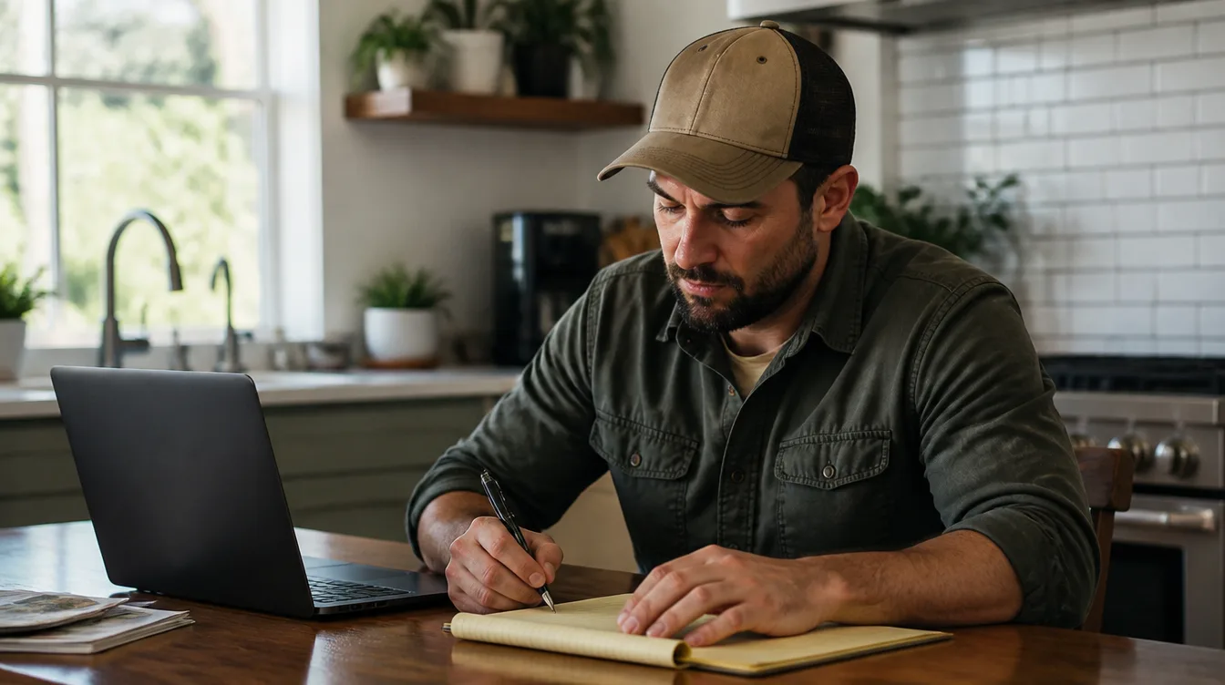 Landscaping business owner at a kitchen table with a laptop and notepad, working out startup numbers for a business plan