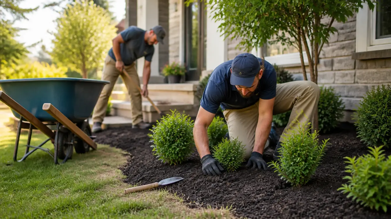 Two landscapers planting shrubs and spreading mulch in a residential front yard on an install job
