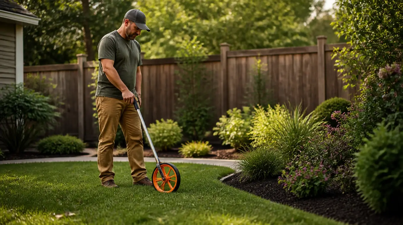 Landscaper using a measuring wheel to size up a yard before writing a price estimate