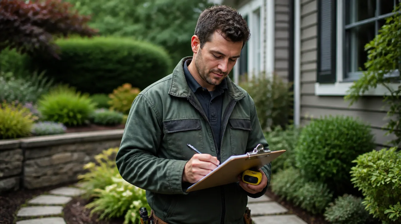 Landscaper standing in a yard writing a price estimate on a clipboard for a customer