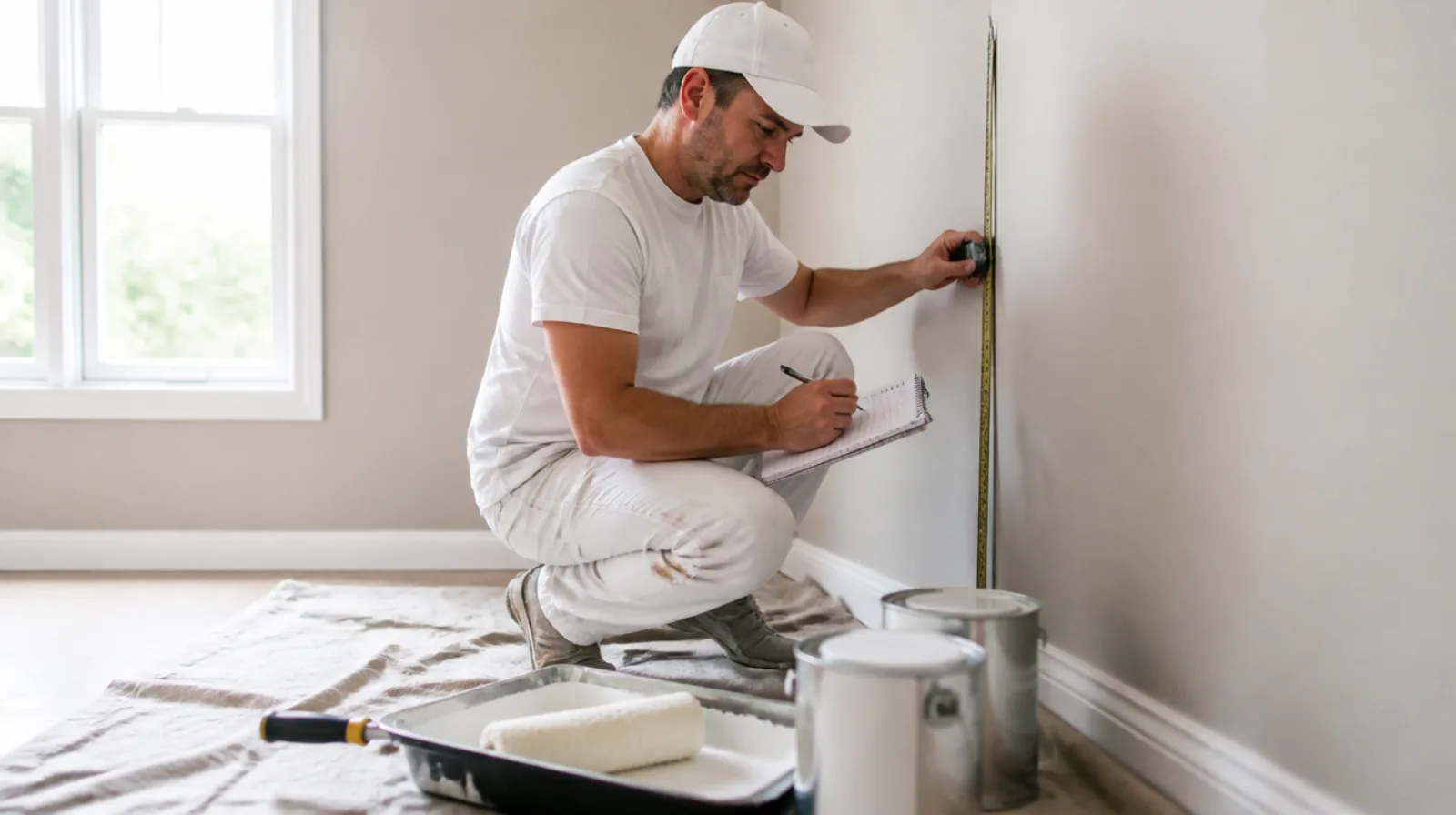 Painting contractor measuring a wall with a tape measure while writing a quote on a notepad