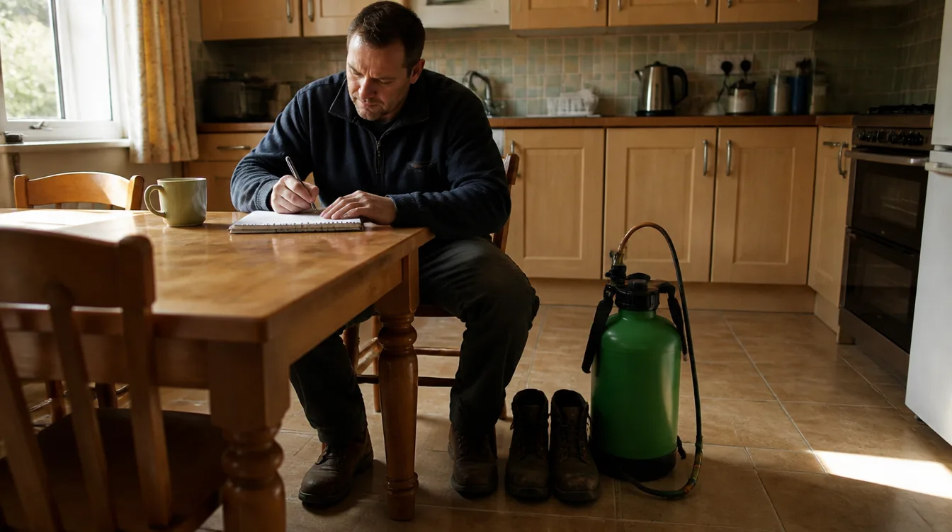 Pest control company owner sitting at a kitchen table writing figures in a notebook, with a green hand-pump sprayer and work boots on the floor beside the chair