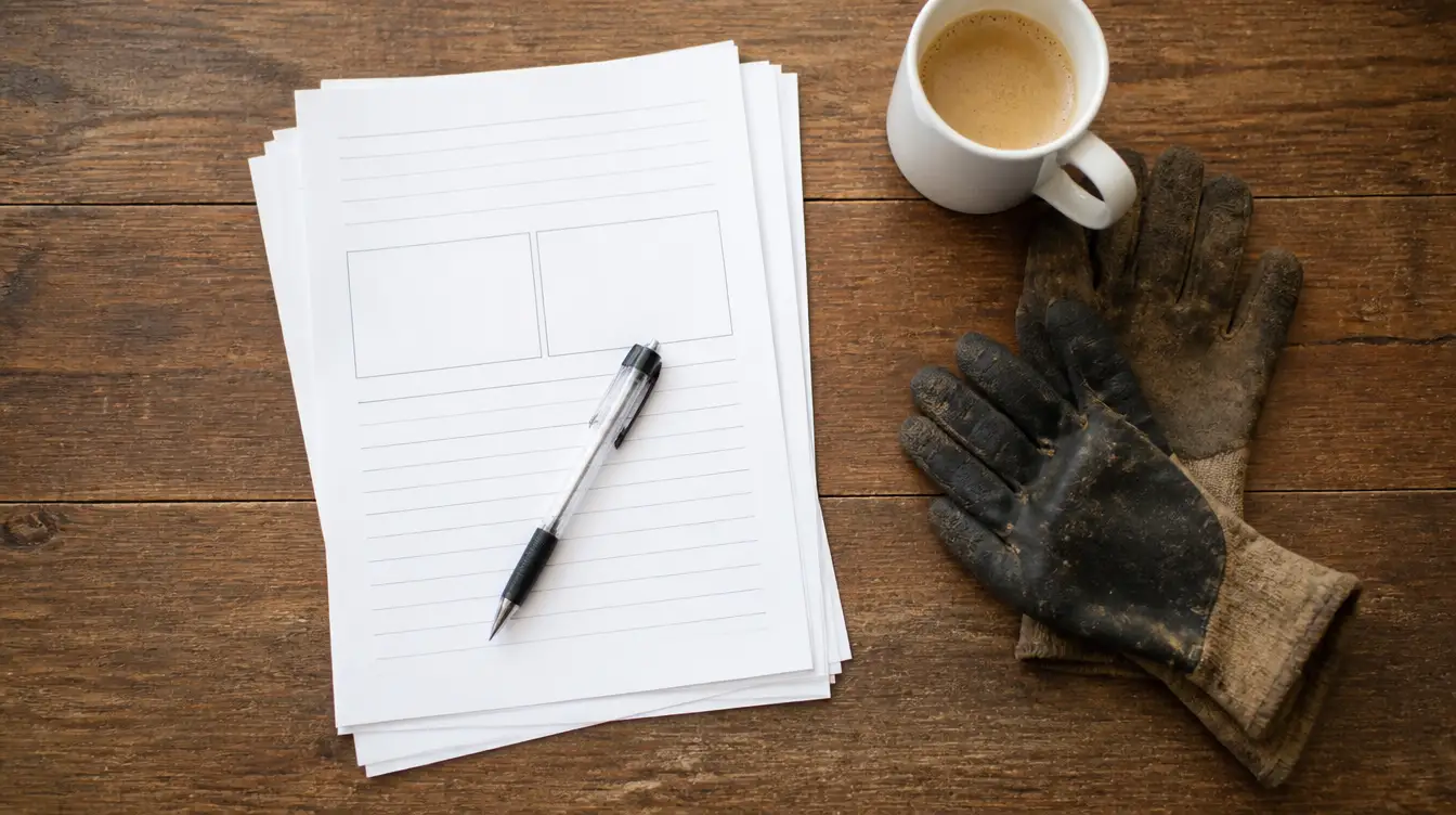 Printed business plan pages with blank sections laid out on a desk beside pest control work gloves, a pen and a coffee cup