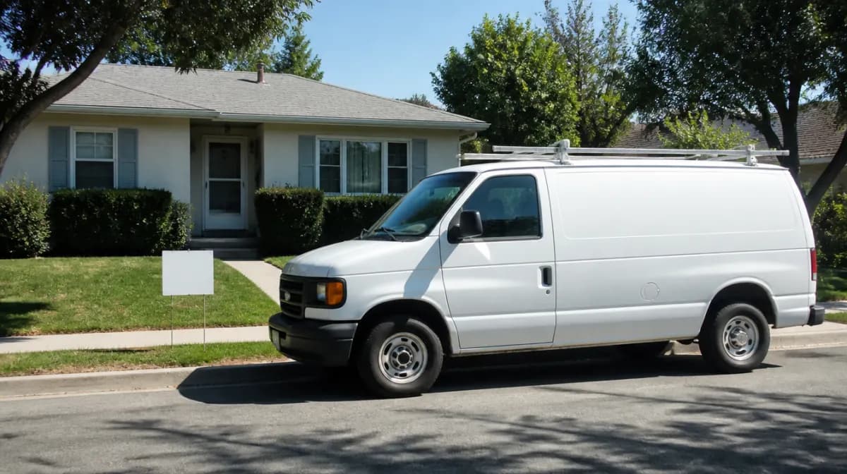 Plain white pest control van parked at the curb outside a single storey suburban house, with a small blank yard sign standing on the front lawn
