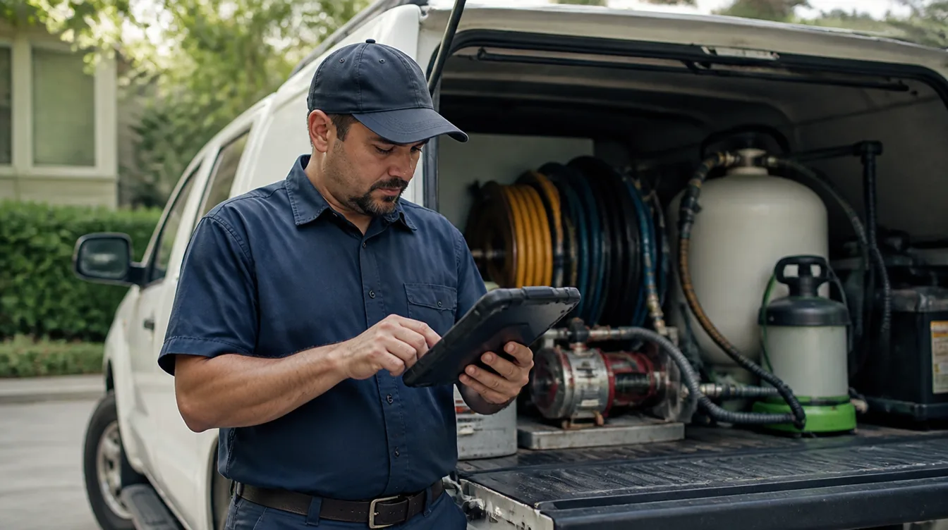 Pest control technician in a navy uniform tapping through a job on a rugged tablet beside a service truck loaded with hose reels and a sprayer