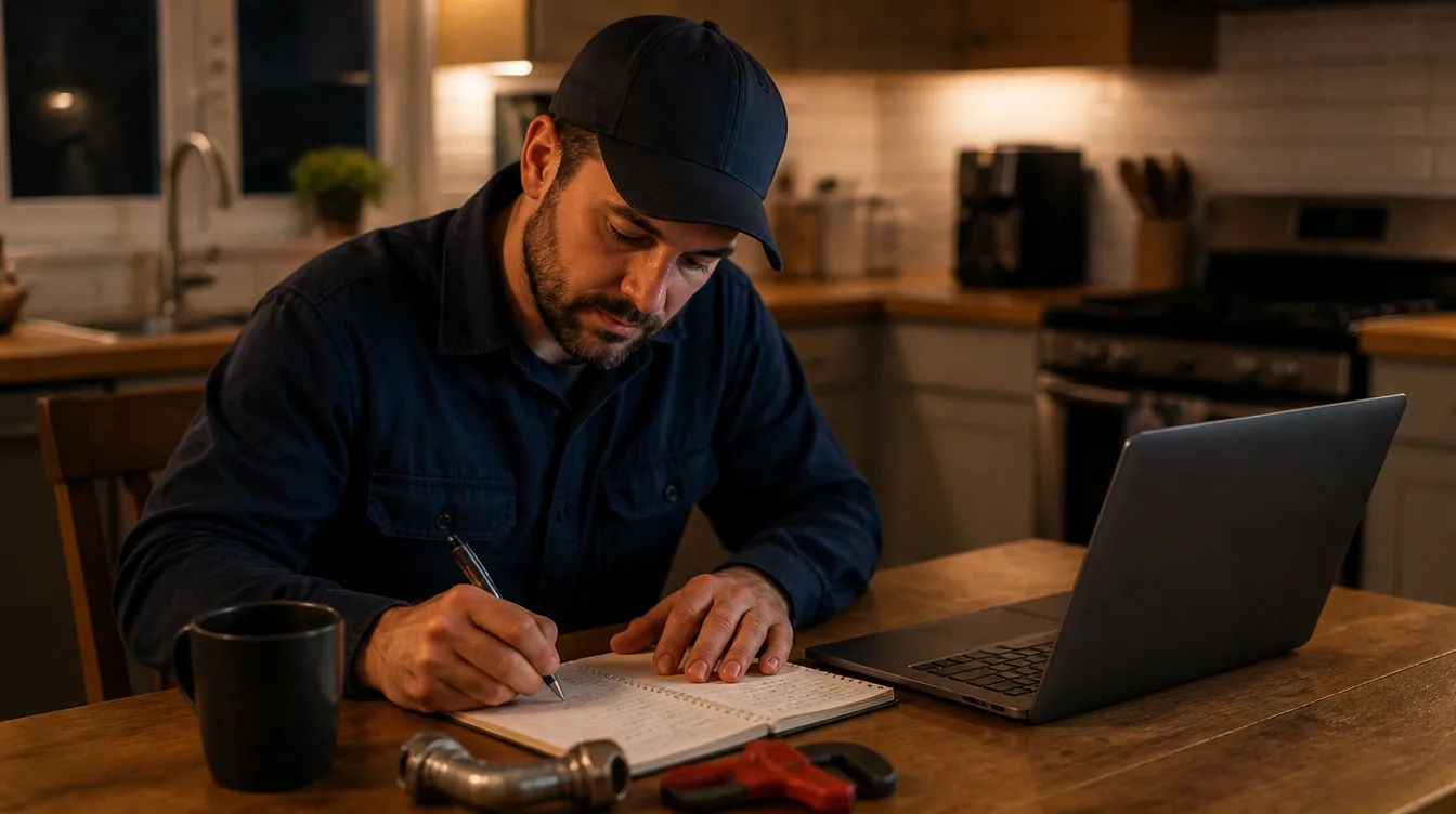 Plumber at a kitchen table at night, writing numbers in a notebook next to a laptop and a coffee mug