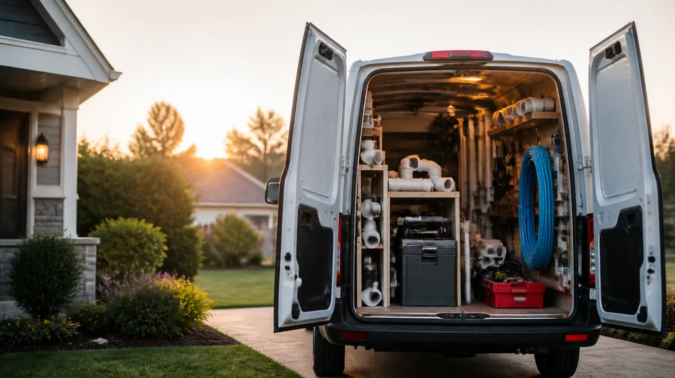 Plumbing service van with back doors open, tools and pipe fittings organized in the cargo area, parked in a driveway at dawn