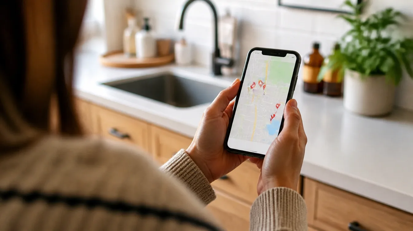 Homeowner at the kitchen sink searching a map app for a plumber near me