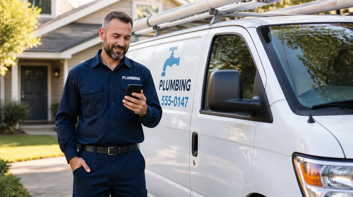 Plumber beside his service van in a driveway, checking his phone between jobs