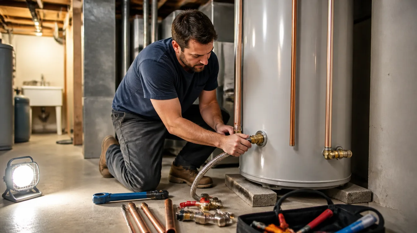Plumber connecting supply lines to a new water heater in a home basement, tools and fittings on the floor beside him