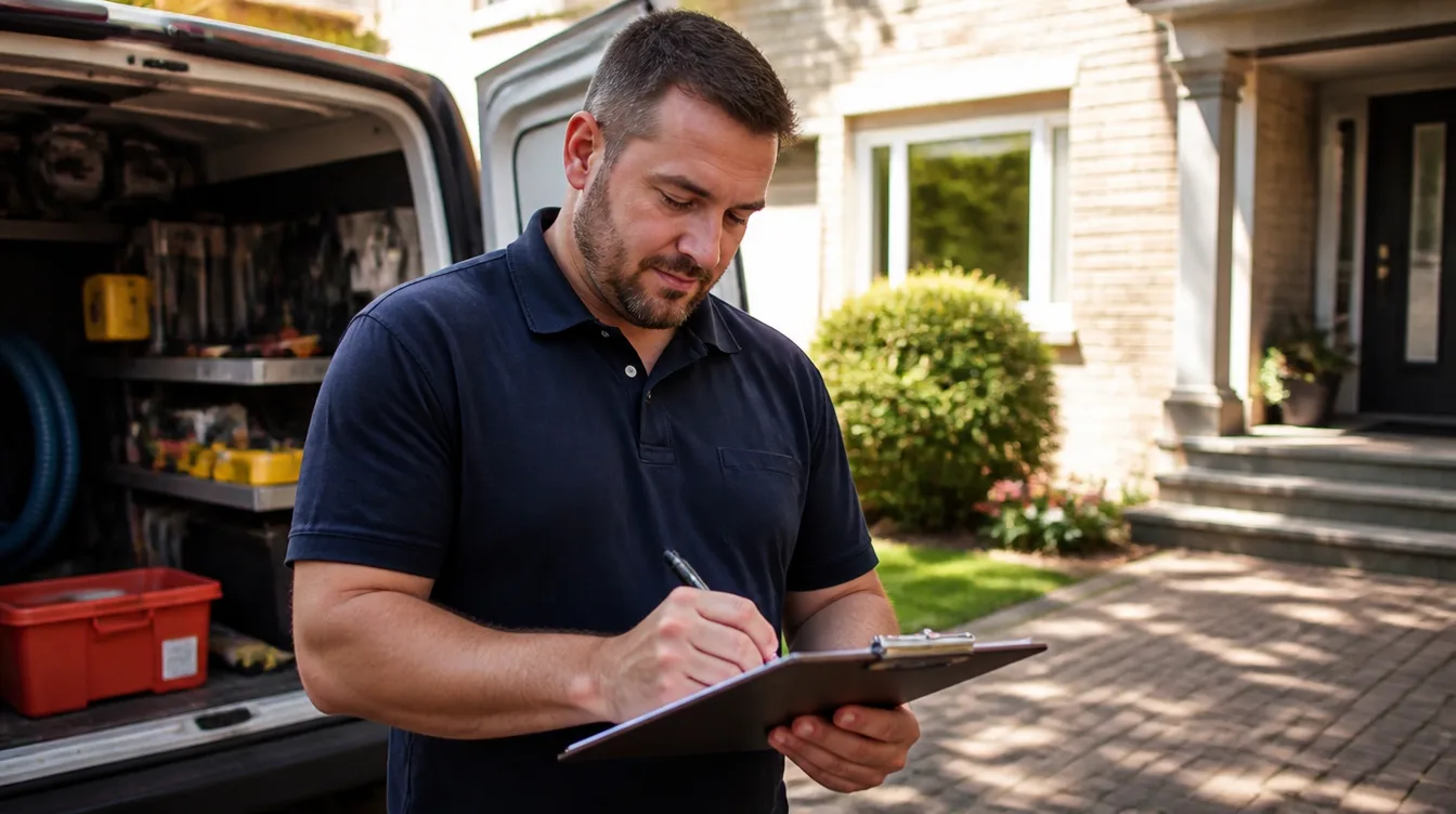 Plumber standing by his open service van in a driveway, writing a price quote on a clipboard