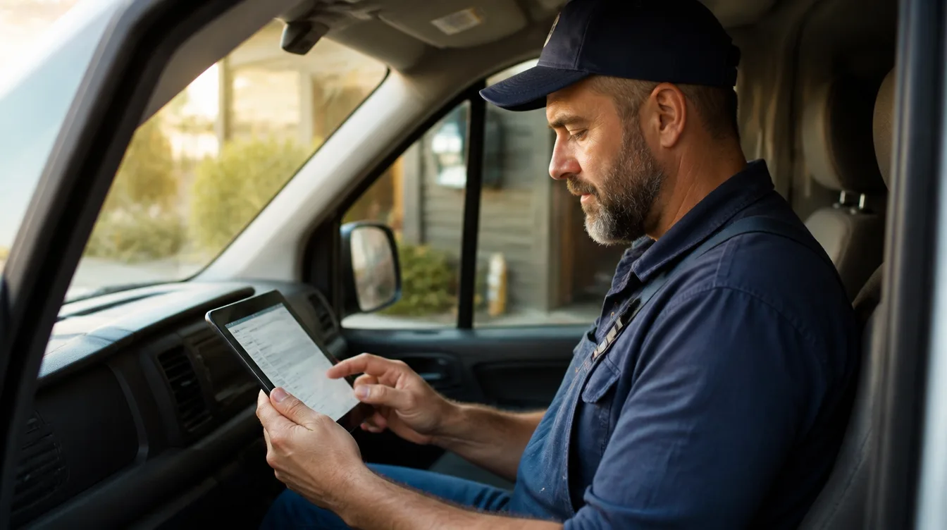 Plumber checking his day's job schedule on a tablet in his van