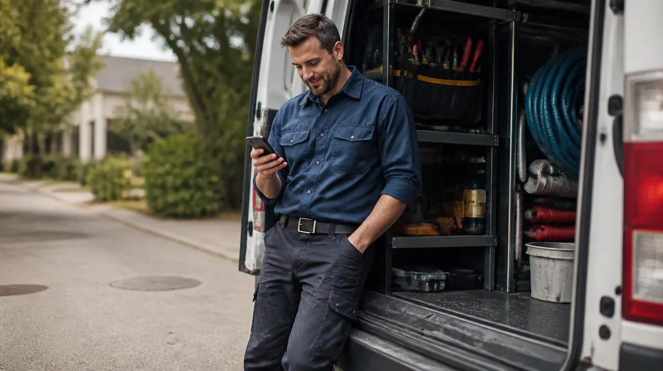 Plumbing technician checking a job on his phone beside his service van