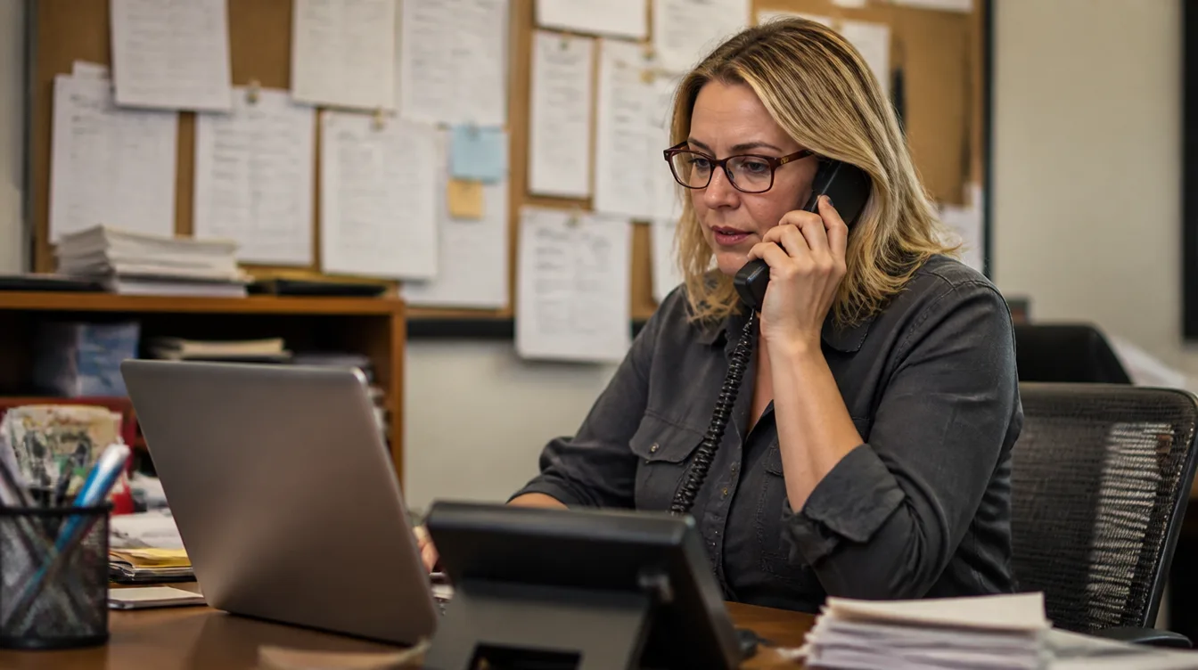 Office manager handling calls and scheduling at a small plumbing company